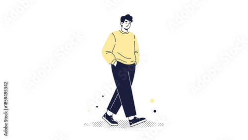 Minimalist Illustration of a Casual Man Walking with Hands in Pockets in a Simple Style
