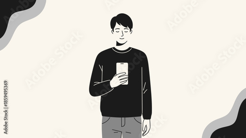 Minimalist Illustration of a Happy Young Man Using a Smartphone in a Simple Modern Style