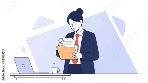 Businesswoman Organizing Documents in a Modern Office Setting for Efficiency