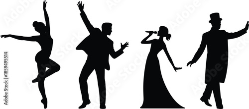 Silhouette performers including a ballet dancer singer and top hat man Keywords: silhouette, ballet dancer, performer