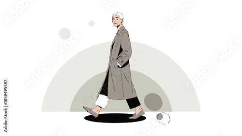 Minimalist Illustration of a Stylish Man Walking with a Long Coat and Sneakers