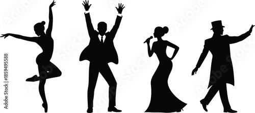 Silhouette performers including a ballet dancer singer and top hat man Keywords: silhouette, ballet dancer, performer