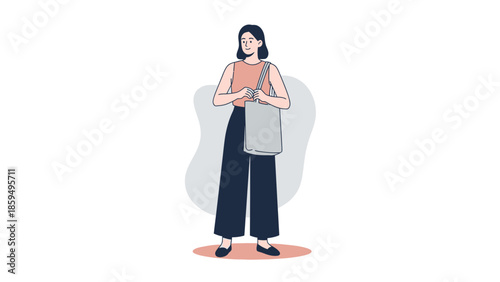 Casual woman standing with tote bag wearing comfortable modern outfit on a minimal background