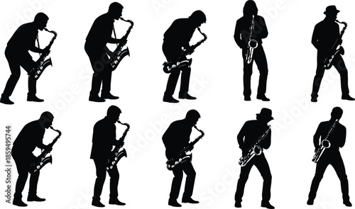 Silhouettes of male saxophonists playing music in different poses on white background musician saxophone