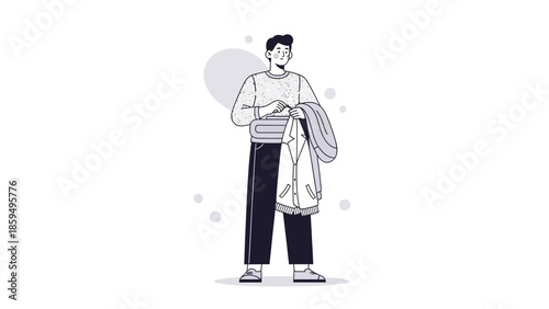 Casual young man holding a backpack and a jacket in a simplified illustration style