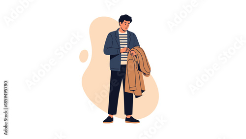 Casual young man preparing for outdoor activity with jacket in hand