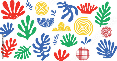 Abstract organic shapes vector set inspired by Matisse paper cutouts featuring colorful coral leaves and geometric spirals for modern backgrounds