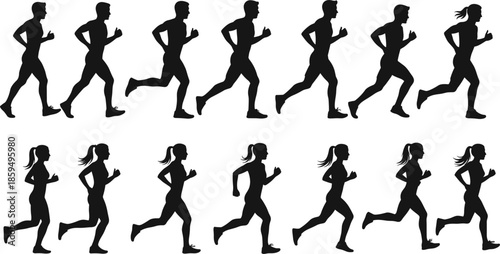 Silhouettes of Men and Women Running in Sequence Keywords: running, silhouette, man, woman, male, female, people, athletes