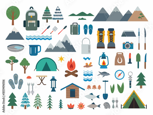 Colorful illustration depicting camping and outdoor adventure themed icons and elements