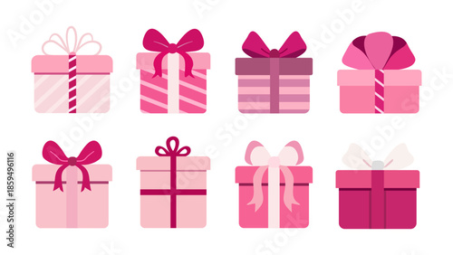 vector set of decorated pink gift boxes with bows