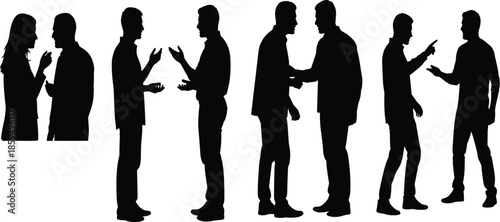 Collection of Black Vector Silhouettes Featuring Business People Talking, Discussing, Handshaking, and Arguing, Ideal for Communication, Partnership, and Conflict Concepts.