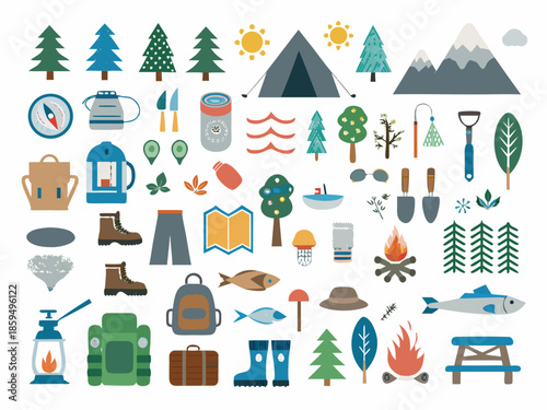 Colorful camping and outdoor adventure elements arranged in a playful illustration