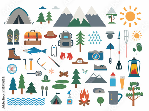 Colorful camping icons and outdoor adventure elements in a flat design style