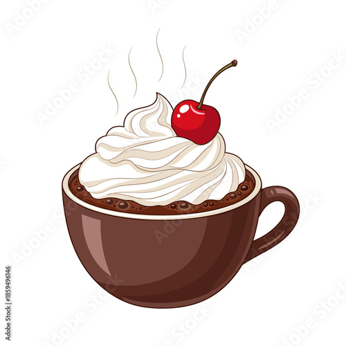 Delicious Hot Chocolate with Whipped Cream and Cherry Topping in a Brown Mug - Steaming Sweet Winter Beverage Vector Illustration