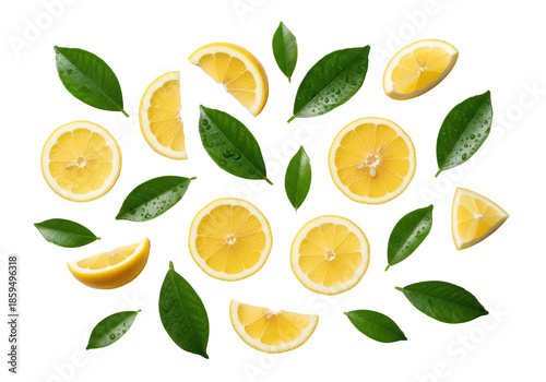 Vibrant yellow lemon slices and fresh green citrus leaves, scattered on a transparent background, top-down macro view, showcasing natural purity and vibrant appeal, concept of healthy freshness