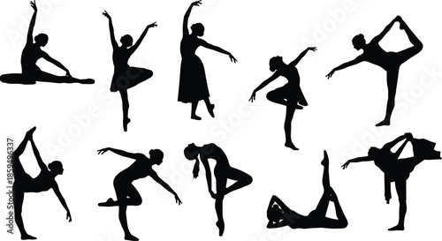 Collection of Dynamic Black Vector Silhouettes Featuring Female Dancers in Various Classical Ballet and Modern Dance Poses, Ideal for Art, Fitness, and Movement Concepts.