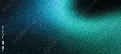 Fotografie Glowing teal blue abstract shape, dark grainy black green blue background, noise