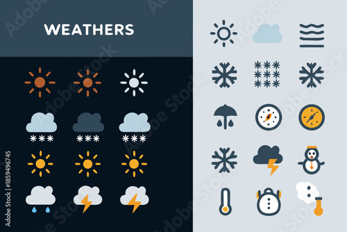 Weather forecast icons sun clouds rain snow and temperature variations displayed
