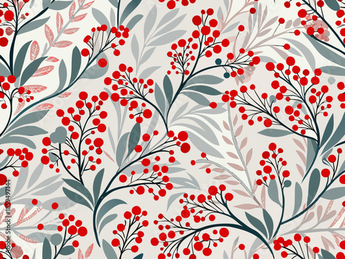 Floral pattern with red berries and delicate gray and pink leaves