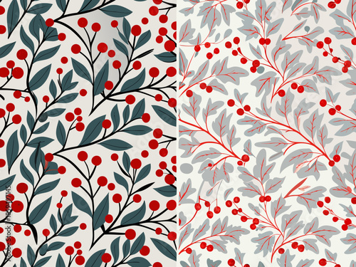 Festive botanical patterns with red berries and delicate leaf arrangements