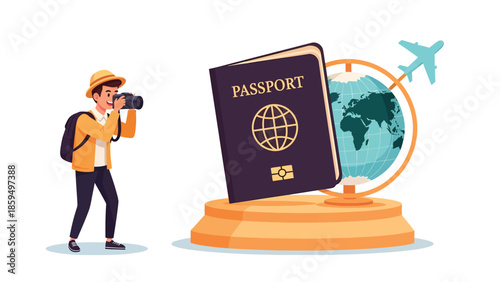 Travel Concept with Photographer, Passport, Globe, and Airplane Illustration