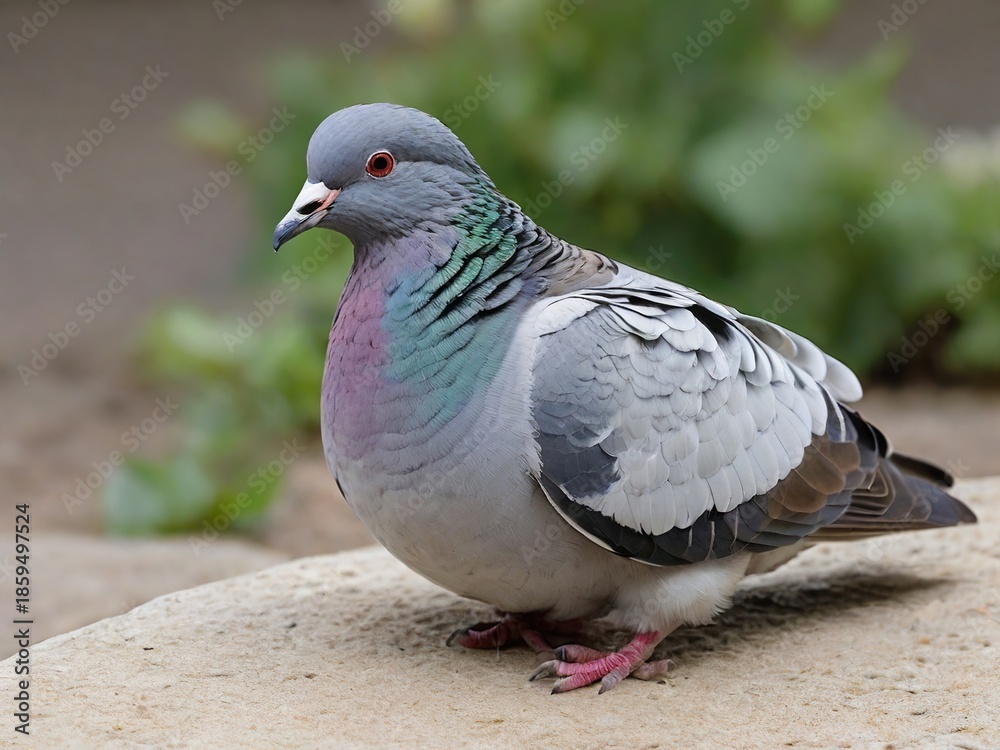 Fototapeta premium Stock dove or pigeon with iridescent neck feathers perched on stone ledge in natural outdoor setting
