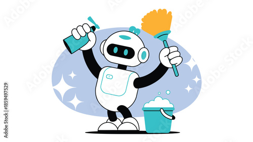 Cute cleaning robot illustration holding spray bottle and brush for smart cleaning, household hygiene and modern technology concept