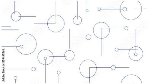 Abstract minimalist blue line art geometric pattern background featuring circular nodes and connected lines for digital network technology and scientific data visualization overlay