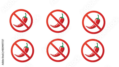 Striking red chili pepper icon within a bold circular prohibition sign indicating a strict restriction against spicy food consumption or ingredient use