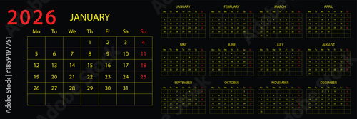 Calendar planner 2026 year, schedule month calendar, American organizer template. Week starts on Monday Business personal page. Modern simple dairy for USA. Vector. 2026 Calendar Templates for desk 