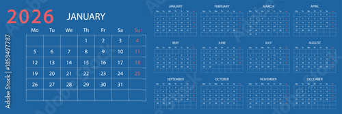 Minimal Calendar Layout. Full Year Modern Design. Calendar 2026 week start Monday corporate design planner template. Calendar planner 2026. Diary planner for 2026 year. art collection with days vector