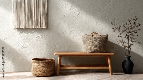 Scandi entryway with minimalist macramé tapestry, oak bench, woven basket, matte plaster wall, soft side light
