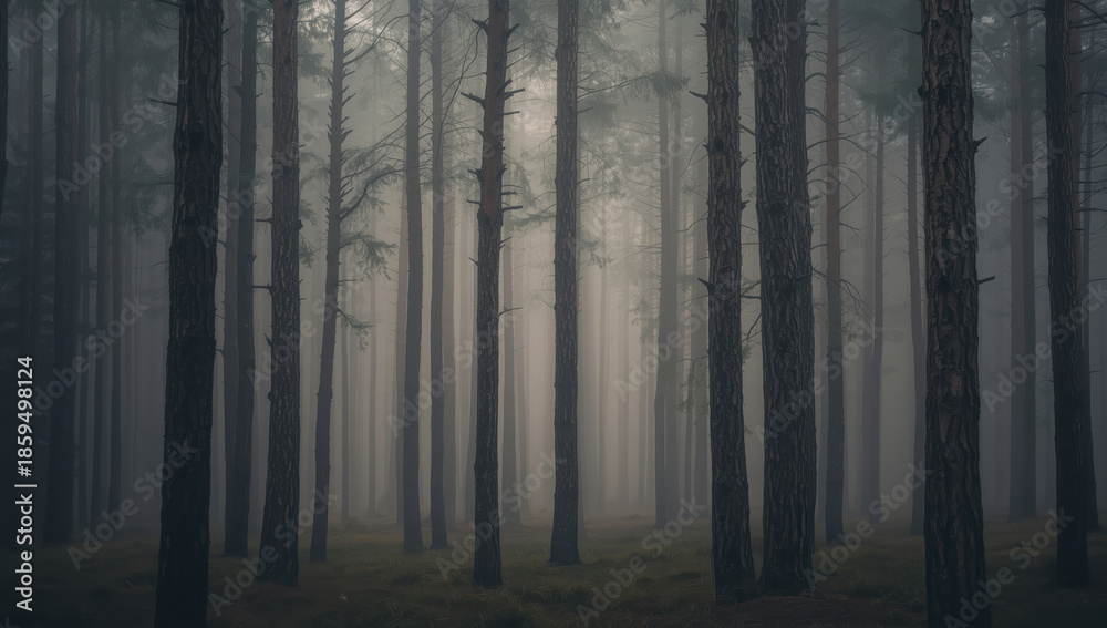 Fototapeta premium Misty pine forest morning light, foggy atmosphere, tall tree trunks, quiet mood