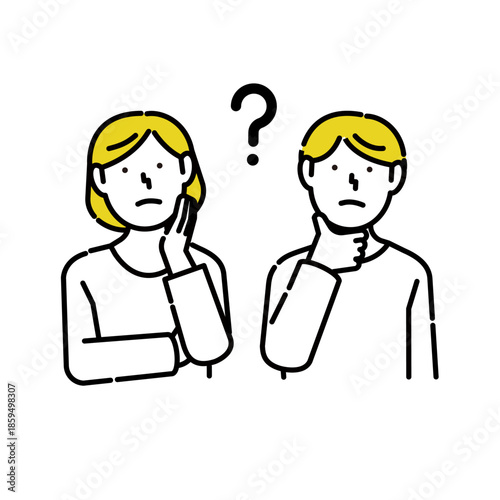 首を傾げて考える男女のイラスト｜疑問・質問・迷い・選択
