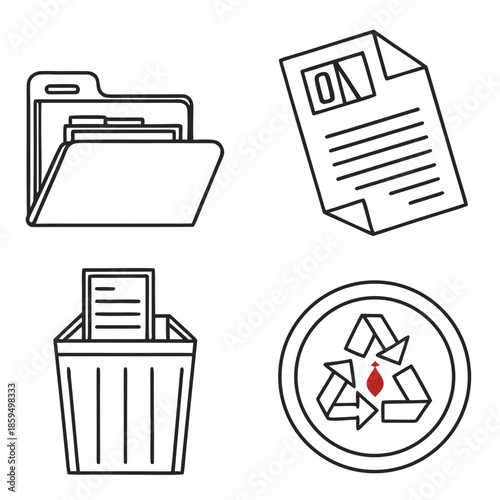 A set of icons representing office organization and document management