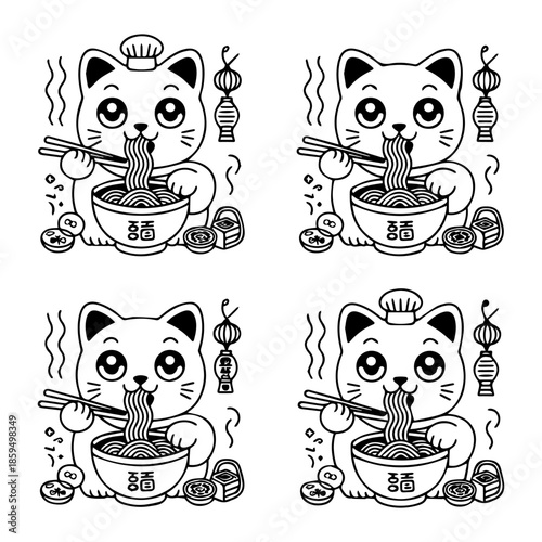 Four cute kawaii cat characters eating delicious Japanese ramen noodles with chopsticks black white line art illustration icon set.
