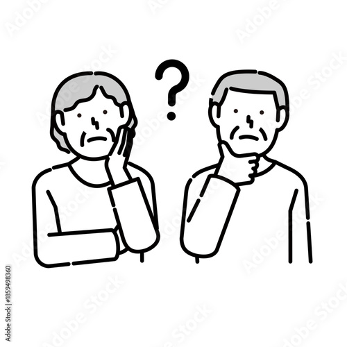 首を傾げて考える高齢の男女のイラスト｜疑問・悩み・説明・シニア