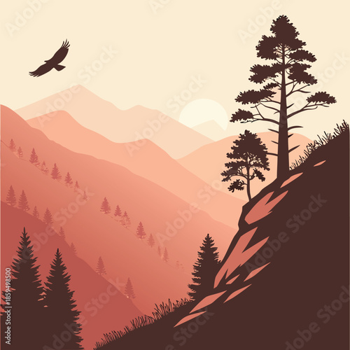 Majestic Eagle Soaring Over Hazy Mountain Peaks at Sunset