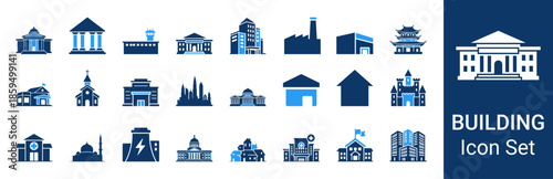 Building Icon Set Bundle with House, School, Hospital, City, Factory and Landmark Symbols