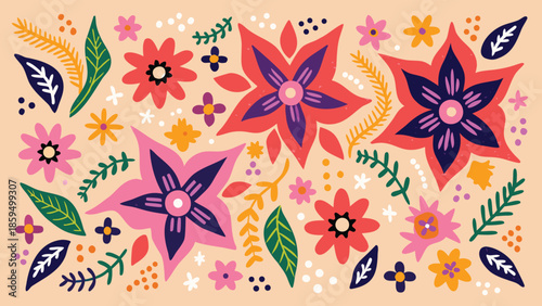 Vibrant floral pattern with colorful flowers and leaves on peach background