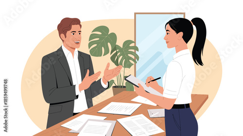 Business interview meeting between recruiter and candidate discussing documents, modern flat illustration of hiring and recruitment concept