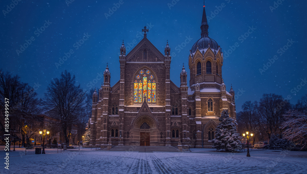 Fototapeta premium Snowy evening cathedral with glowing stained glass and warm lamps