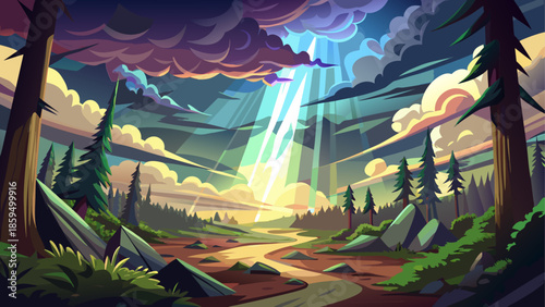 Forest landscape vector with broken light through storm clouds, dramatic atmosphere