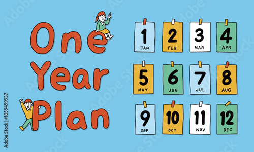 月ごとの1年の計画を立てる学生・家族・ビジネスマンのイラスト