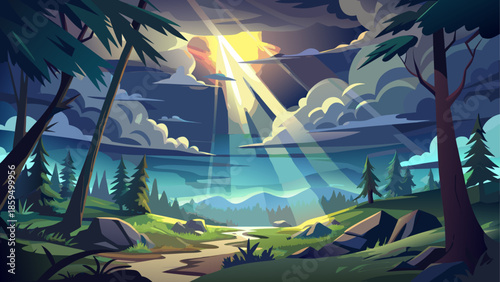 Forest landscape vector with broken light through storm clouds, dramatic atmosphere