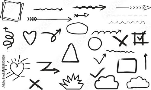 Various hand-drawn symbols and doodles on a white background, including arrows, shapes, and abstract designs.