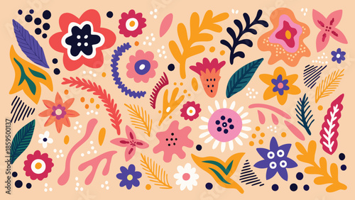 Vibrant floral pattern with colorful flowers and leaves on soft background