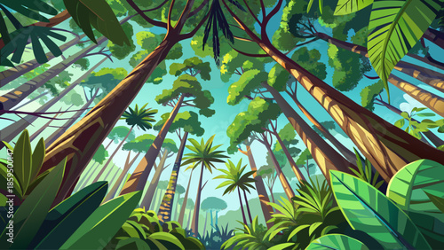 Rainforest canopy vector seen from below, towering trees and dense leaves