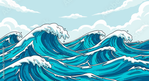 Powerful Ocean Waves Blue Sea Illustration