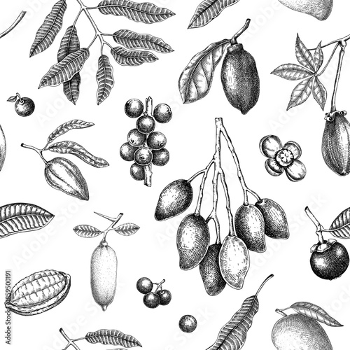 Tropical plants seamless pattern. Exotic fruit and palm leaves hand drawn vector illustrations. Botanical background. NOT AI generated